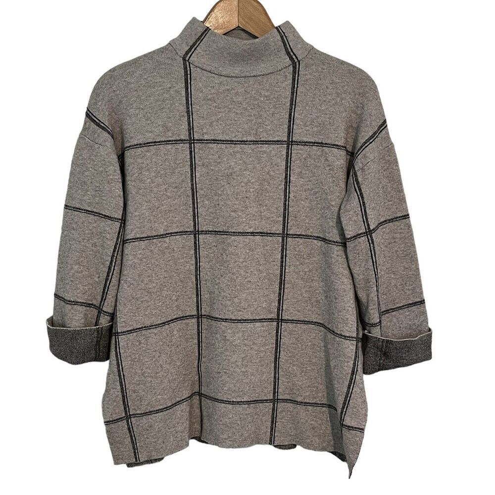 Tahari Sweater Pullover 3/4 Sleeve Gray Windowpanel Plaid Mock Neck Size S - Picture 5 of 11